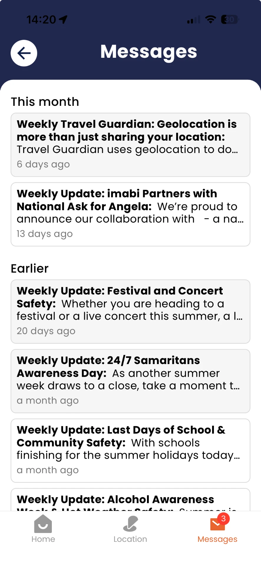 Messages screen with weekly travel updates, safety campaigns and noticeboard content