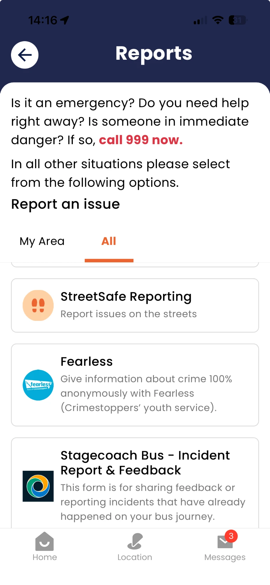 Reports screen listing StreetSafe, Fearless and other reporting options