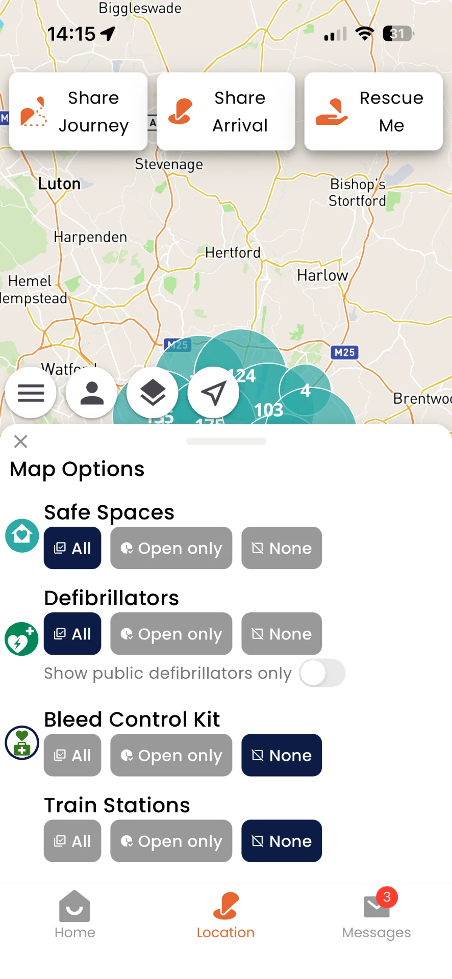 Map options showing safe spaces, defibrillators, bleed control kits and train stations