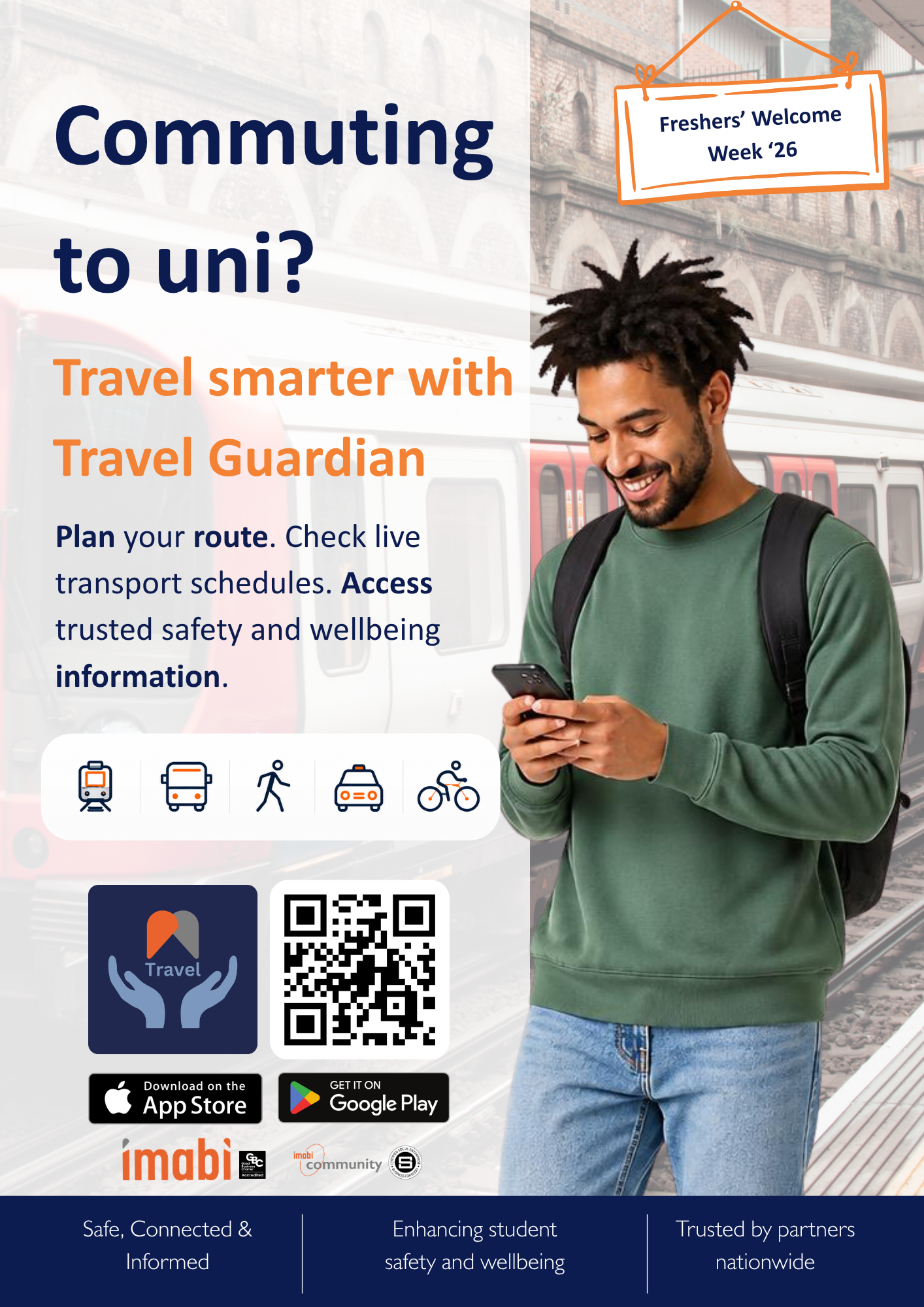 Commuting to uni? — Travel Guardian Freshers' Welcome Week poster
