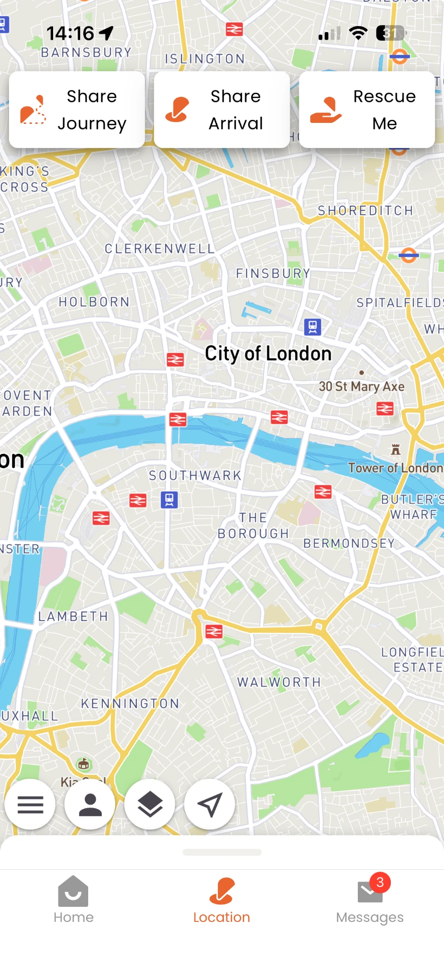 Map screen with Share Journey, Share Arrival and Rescue Me shortcuts