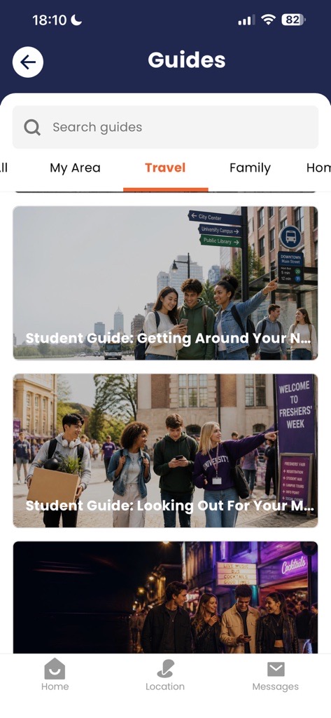 Guides screen with searchable categories and article cards