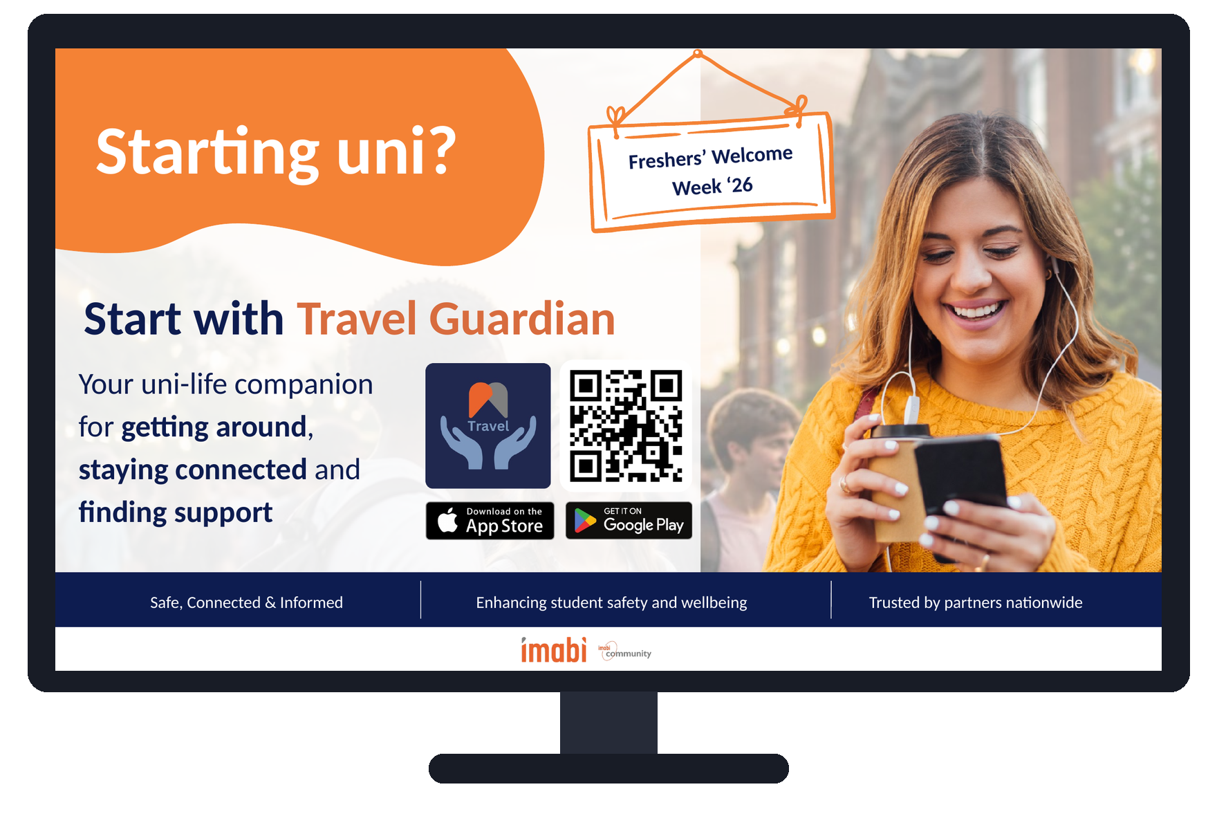 Travel Guardian Freshers' Welcome Week poster displayed on a campus digital screen