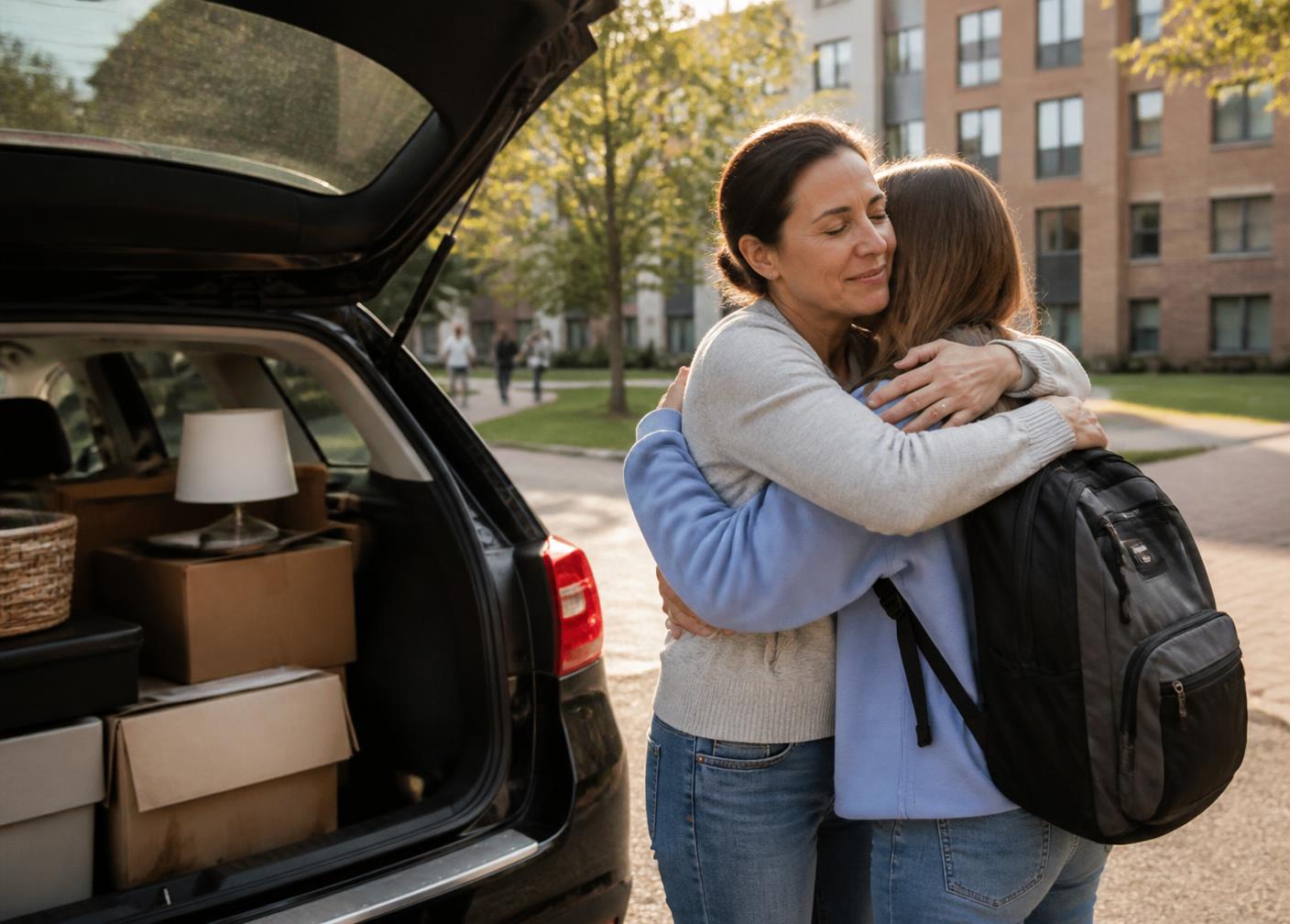 A parent hugging their student goodbye outside university accommodation