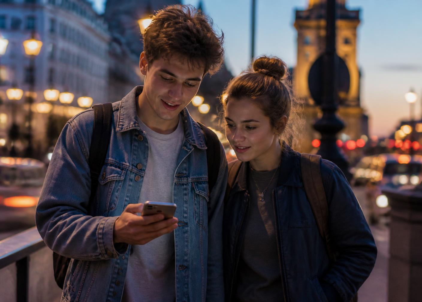 Two students checking a map on a phone while walking through the city