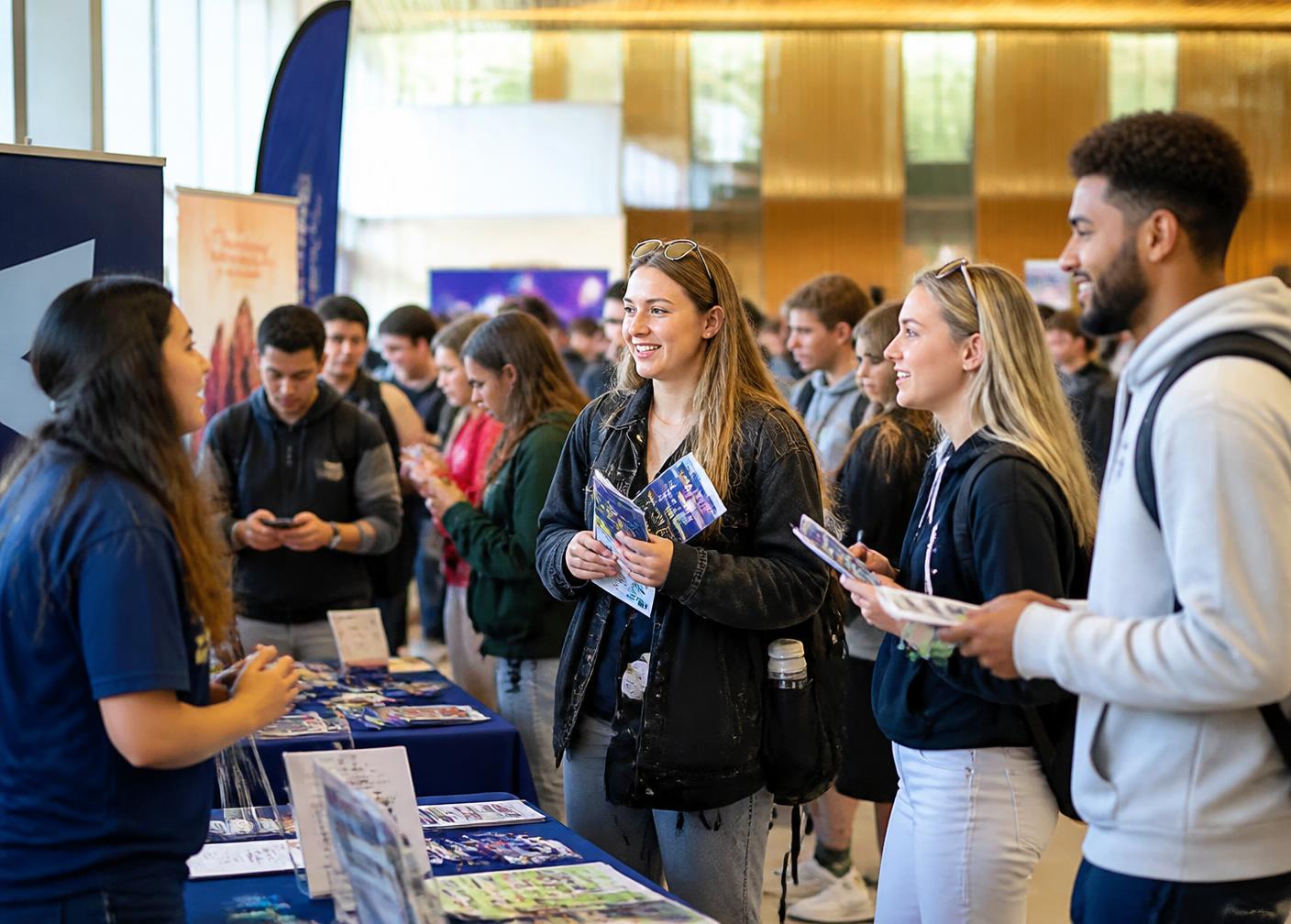 Students visiting stalls at a university Freshers' fair